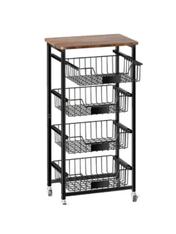 4-Tier Rolling Storage Cart Wheels Fruit Vegetable Basket Wood Top Pantry